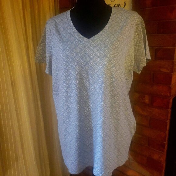 Blue Mountain Short Sleeve Blue & White V-Neck TSirt - Never Worn - Size L - Picture 1 of 6